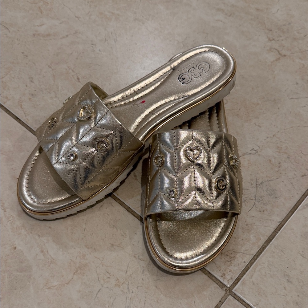 GBG Los Angeles Metallic Gold Quilted Slide Sandals
